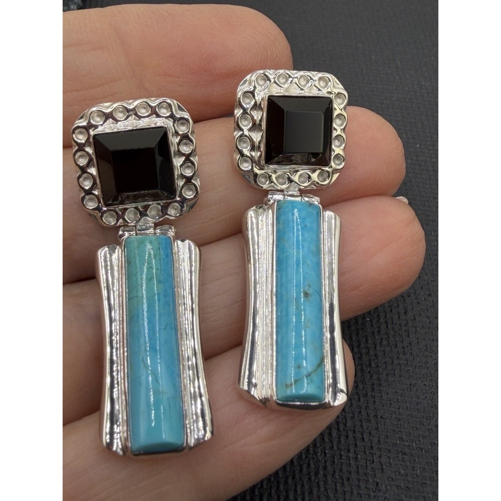 Sterling Silver Turquoise Smoky Topaz Dangle Earrings Southwestern Statement 925 - Picture 2 of 14